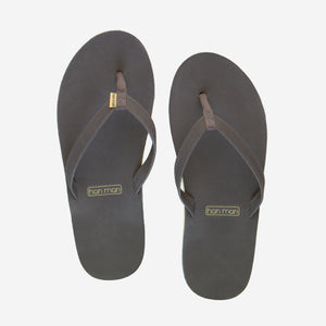 gray and teal women's leather flip flops on white background