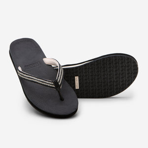 Hari Mari Women's Fields Flip Flop in Black showing flip flop and bottom of flip flop rubber outsole on white background