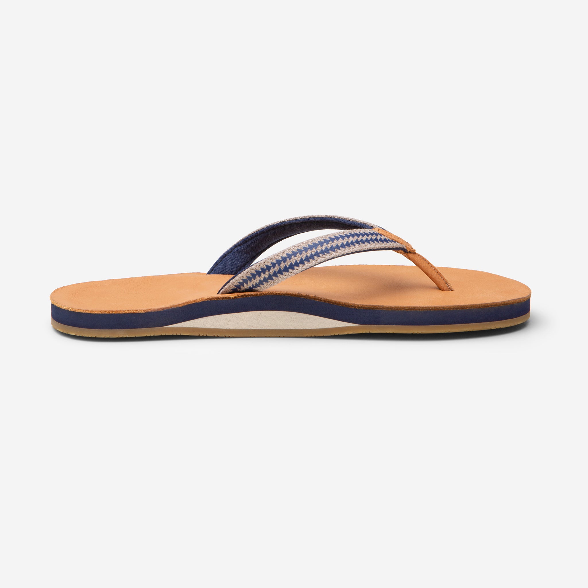 side profile of Hari Mari Women's Fields Puebla flip flops in wheat/navy on white background
