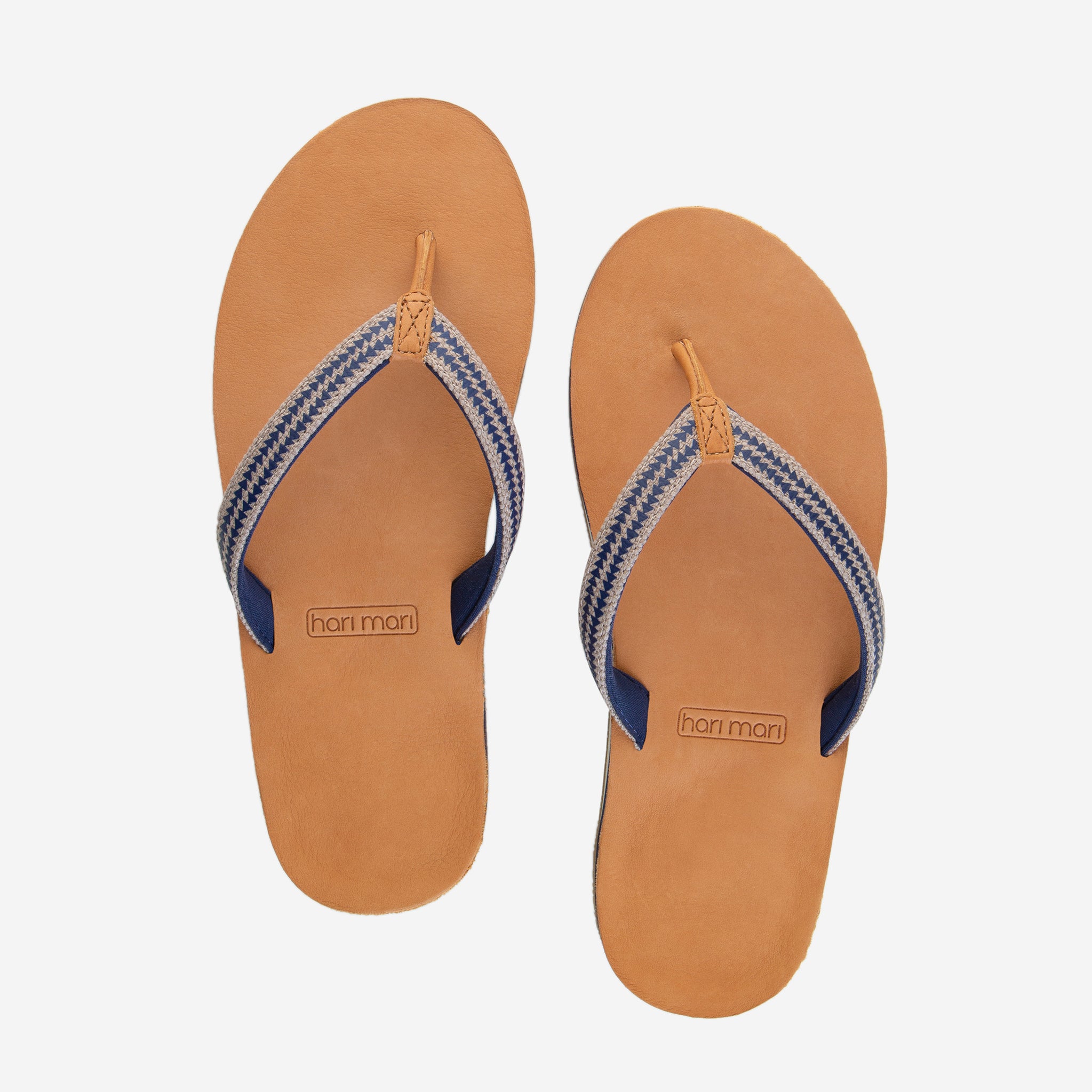 Hari Mari Women's Fields Puebla flip flops in wheat/navy on white background