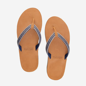 Hari Mari Women's Fields Puebla flip flops in wheat/navy on white background