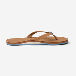 side profile of Hari Mari Women's fields flip flops in tan/dusty blue on white background