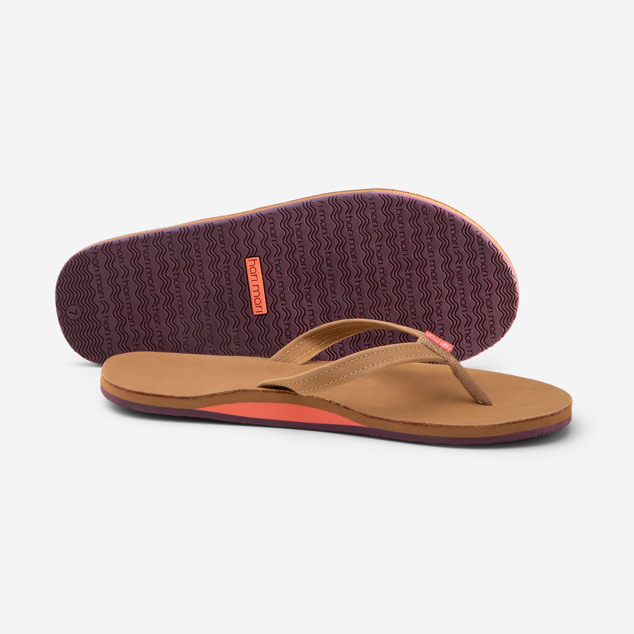 Hari Mari Women's fields flip flops in tan/fig picture showing shoe and bottom of shoe rubber outsole on white background
