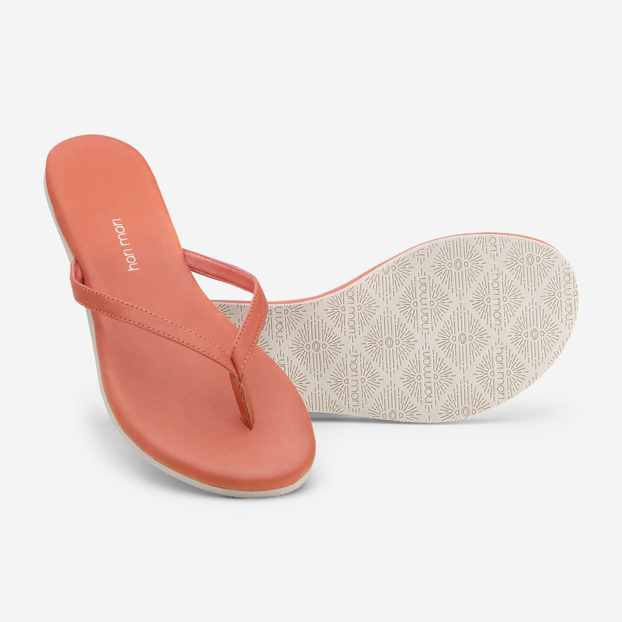 Hari Mari Women's The Mari Flip Flop in Bruschetta showing flip flopped bottom of flip flop rubber outsole on white background