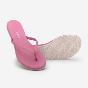 Hari Mari Women's The Mari Flip Flop in Rose showing flip flop and bottom of flip flop rubber outsole on white background