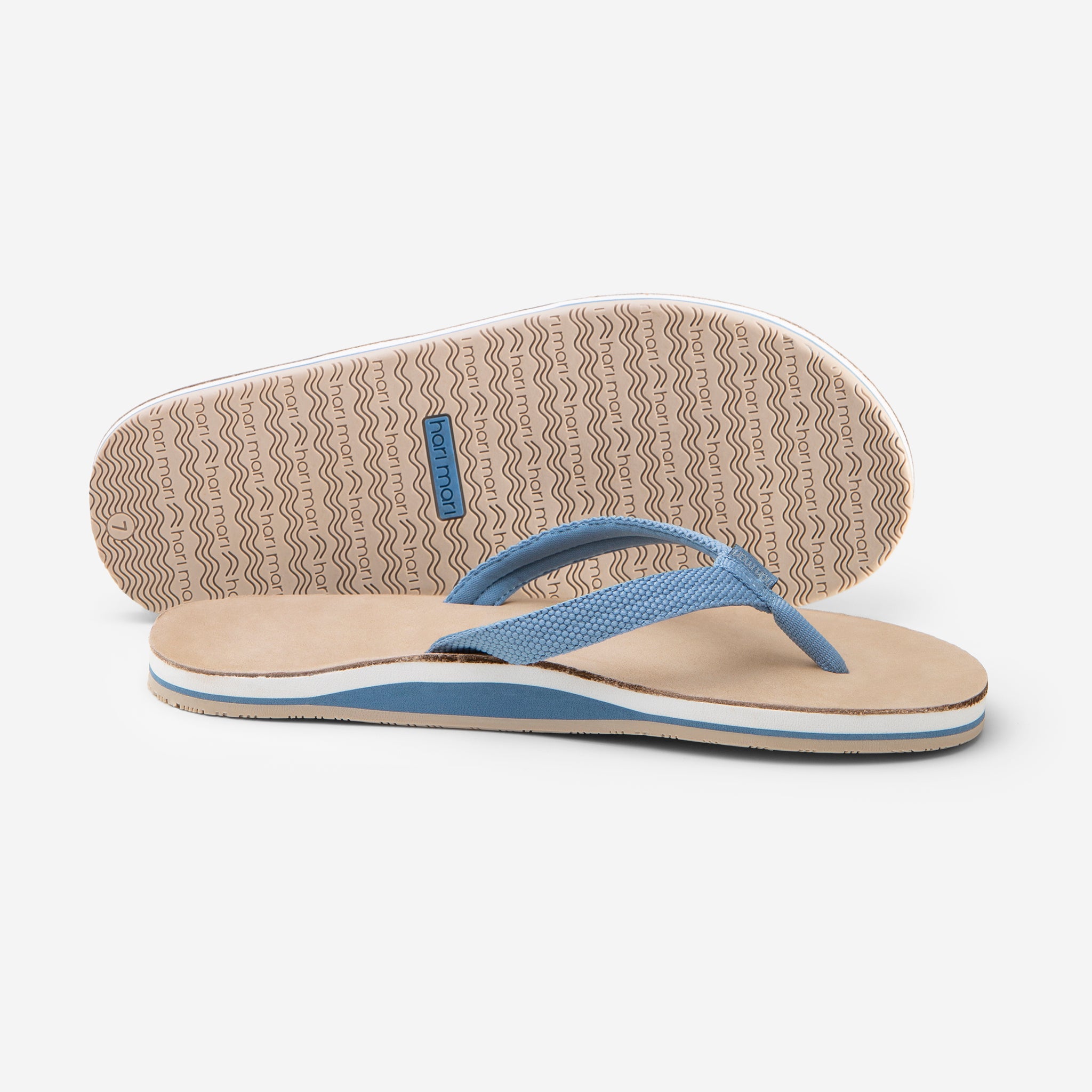 Hari Mari Women's Scouts in Dusty Blue/Sand picture showing flip flop and bottom of shoe rubber outsole on white background