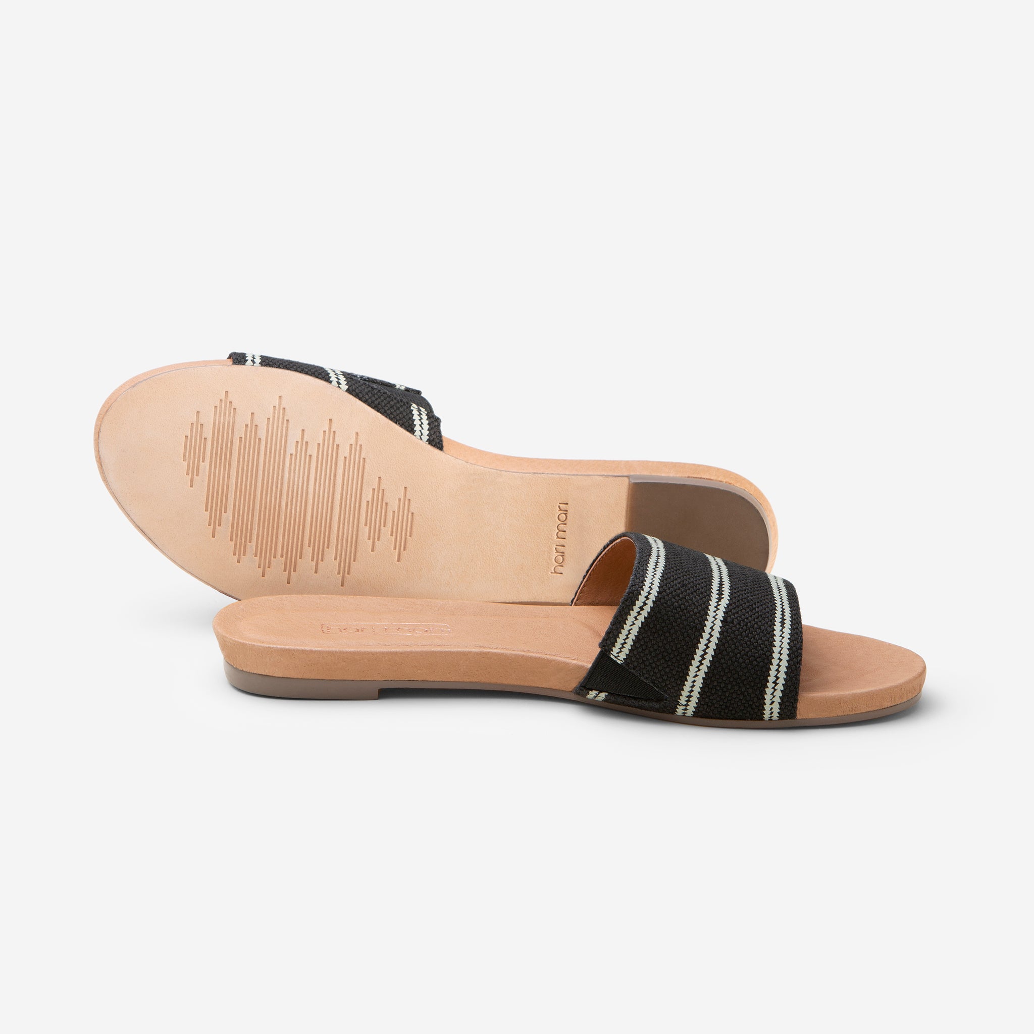 Hari Mari Women's Sydney Woven Sandal in Black showing sandal and bottom of sandal genuine leather outsole on white background