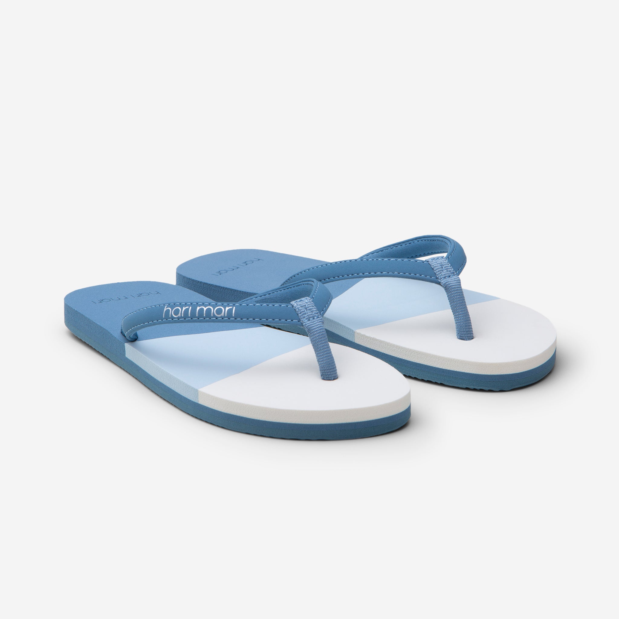 Hari Mari Youth Meadows Asana Flip Flops in Dusty Blue with multi colors on white background