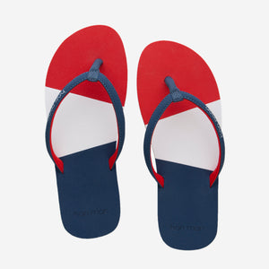 Hari Mari Meadows Asana Youth Flip Flops in red white and navy on white background