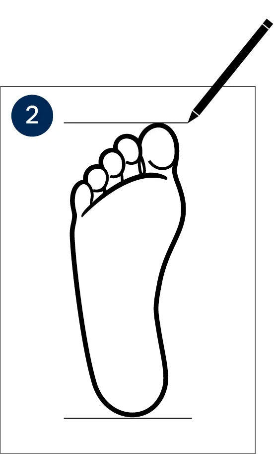 Black line illustration of a foot with a pencil marking the toe and heel.