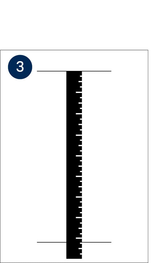 Black ruler positioned vertically between two horizontal measurement marks.